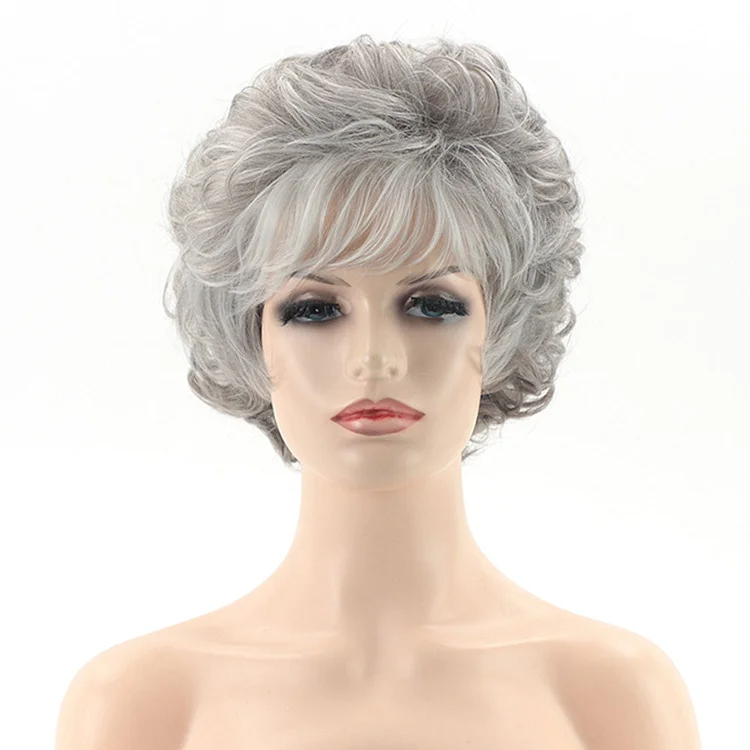 Short Grey White Ombre Layered Curly Wig Puffy Bangs