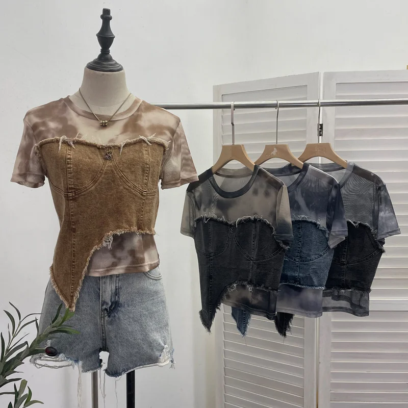 Uveng Real Shooting Of The Edge Of The Denim Splicing Tie Dye Mesh Repair Irregular Two Short-Sleeved Top T-Shirt 26171