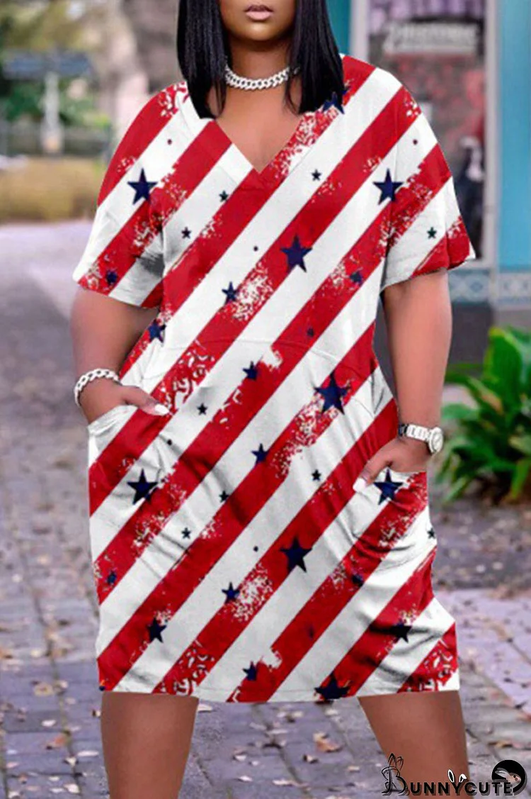 Red Casual Gradual Change Print Pocket V Neck Straight Dresses