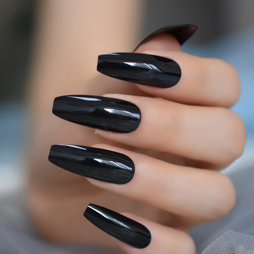 Classic Extra Long Coffin Nails Pure Black Elegant Shiny Ballet Fake Nails Artificial Acrylic Press On Nails Supplying Gelx Nail-Nail Inspo