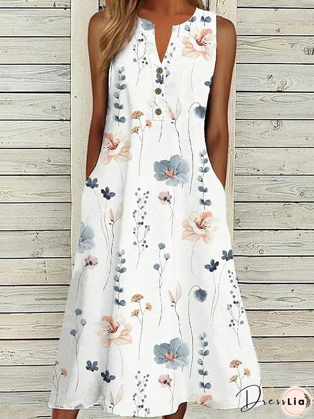 Casual Dress Tank Dress Summer Dress Floral Button Pocket V Neck Midi Dress Active Fashion Daily Holiday Sleeveless Regular Fit White Blue Green Summer Spring S M L XL XXL for Women