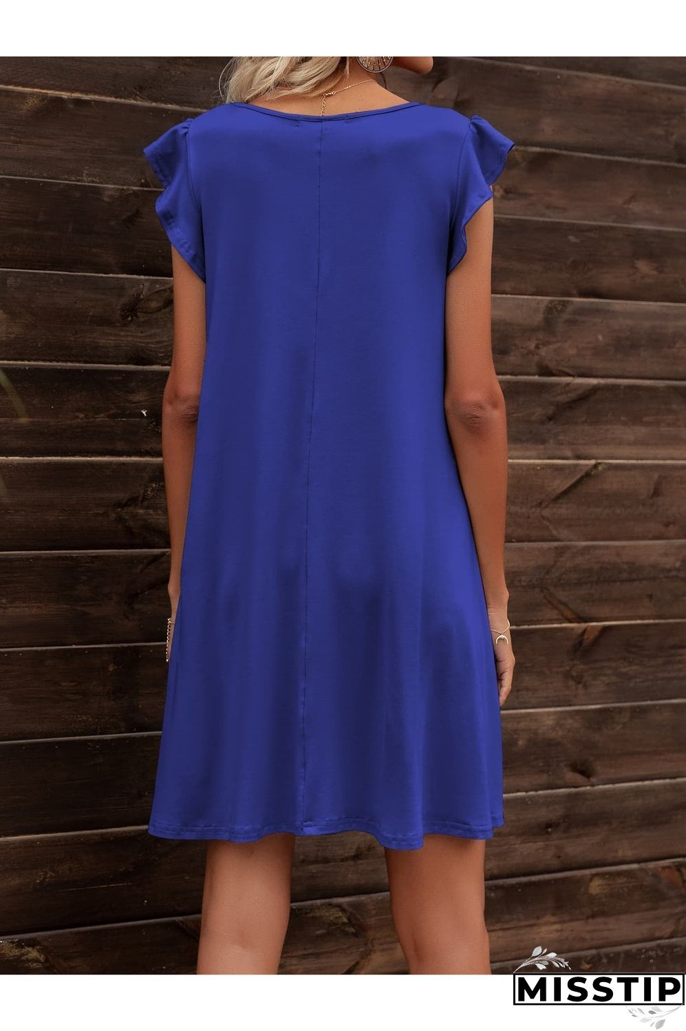 Round Neck Flutter Sleeve Dress with Pockets