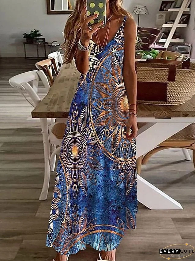 Ethnic Dress Strap Dress A Line Dress Long Dress Maxi Dress Blue Sleeveless Print Print Spring Summer V Neck Vacation Weekend S M L XL XXL 3XL for Women
