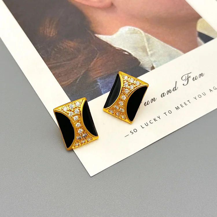 Vintage geometric diamond-set black drip glaze earrings