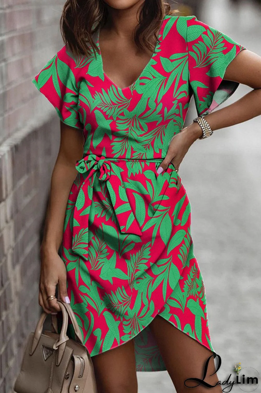Green Casual Print Bandage Patchwork V Neck Irregular Dress Dresses