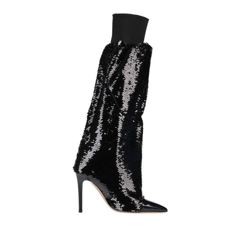 Women's New Style Patent Leather Sequins Boots High Heel Pointed Toe Knee High Boots Novameme