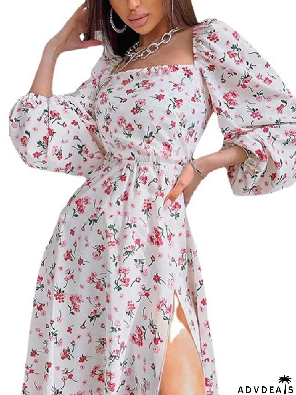 Sexy Elegant Square Neck Puff Sleeve Floral Backless Slit Wedding Guest Dress