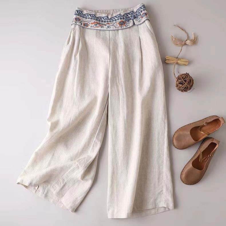 Cotton and linen thin embroidered casual pants