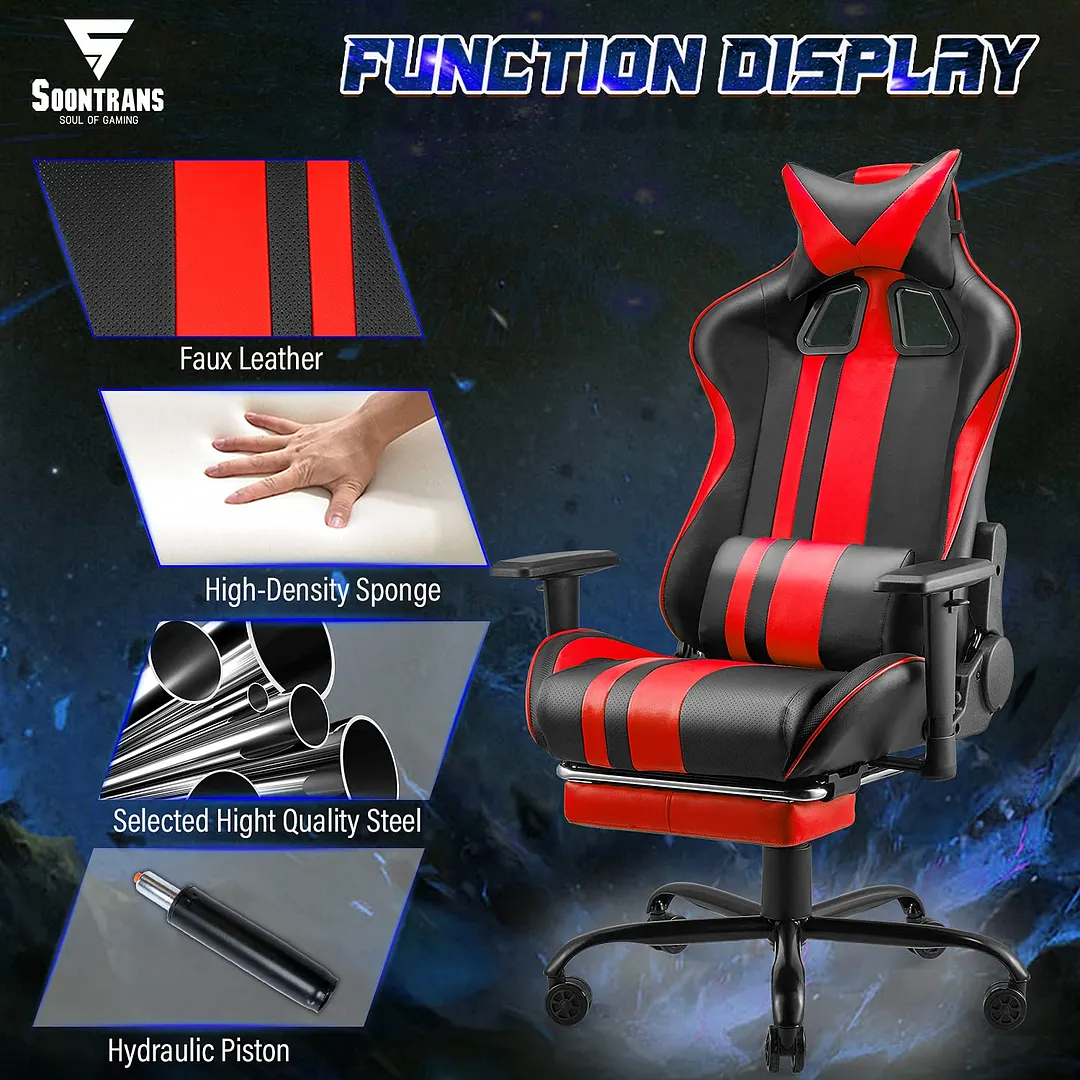  180&deg; Tiltable PU Leather with Footrest Height Adjustable Armrests, Headrest and Lumbar Support Computer Chair