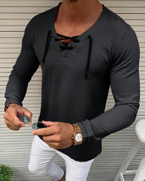 Men's Solid Color V-neck Rope Long-sleeved Linen Top