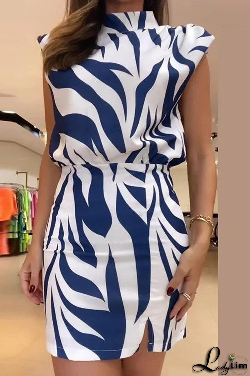 Elegant Geometric Print Backless Half A Turtleneck Wrapped Skirt Dresses