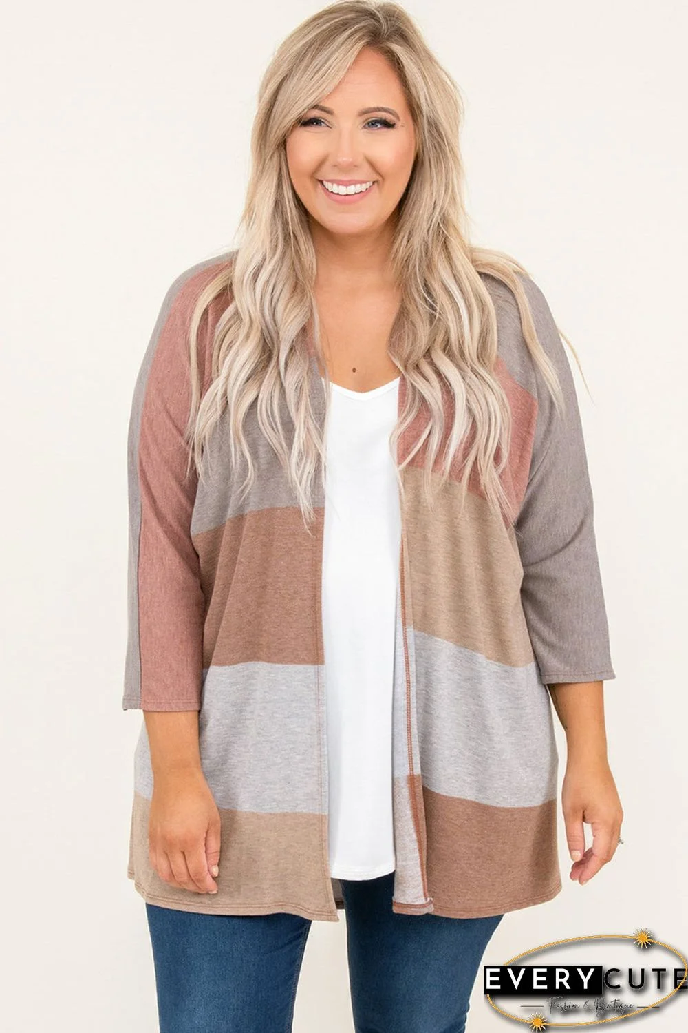 Multicolor Plus Size Colorblock Knit Cardigan