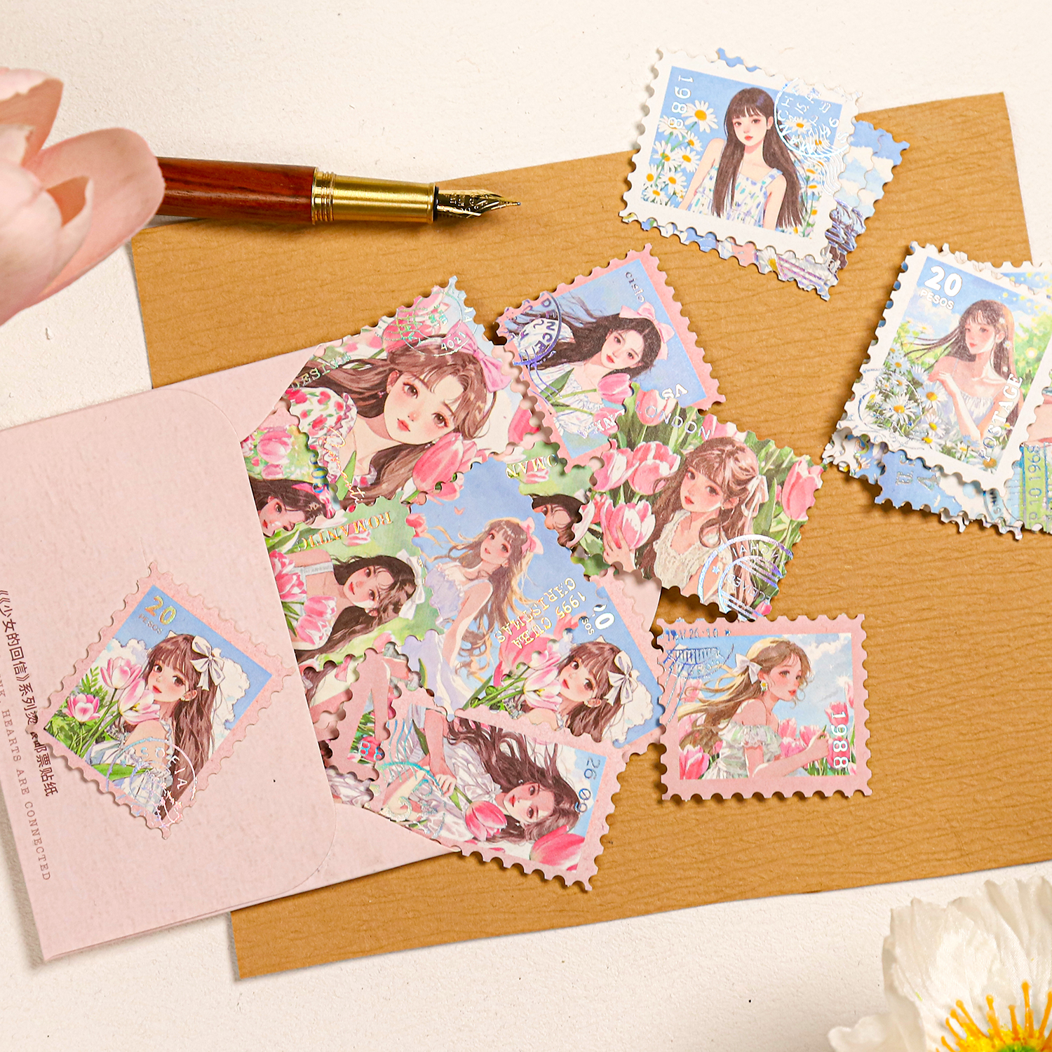 스티커 - 소녀의 답장 시리즈 빈티지 캐릭터 꽃 스탬프 풍경