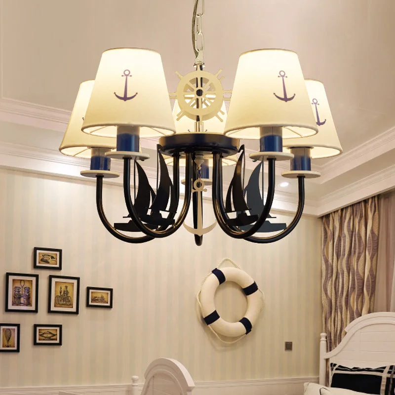Metallic Arched Arm Pendant Ceiling Light Kids 5/6 Bulbs Blue Hanging Chandelier with Tapered White Fabric Shade
