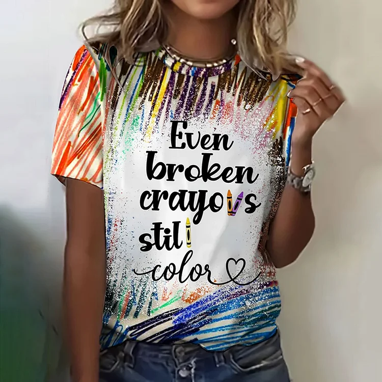 Comstylish Women's Broken Crayons Still Color Print Round Neck T-Shirt