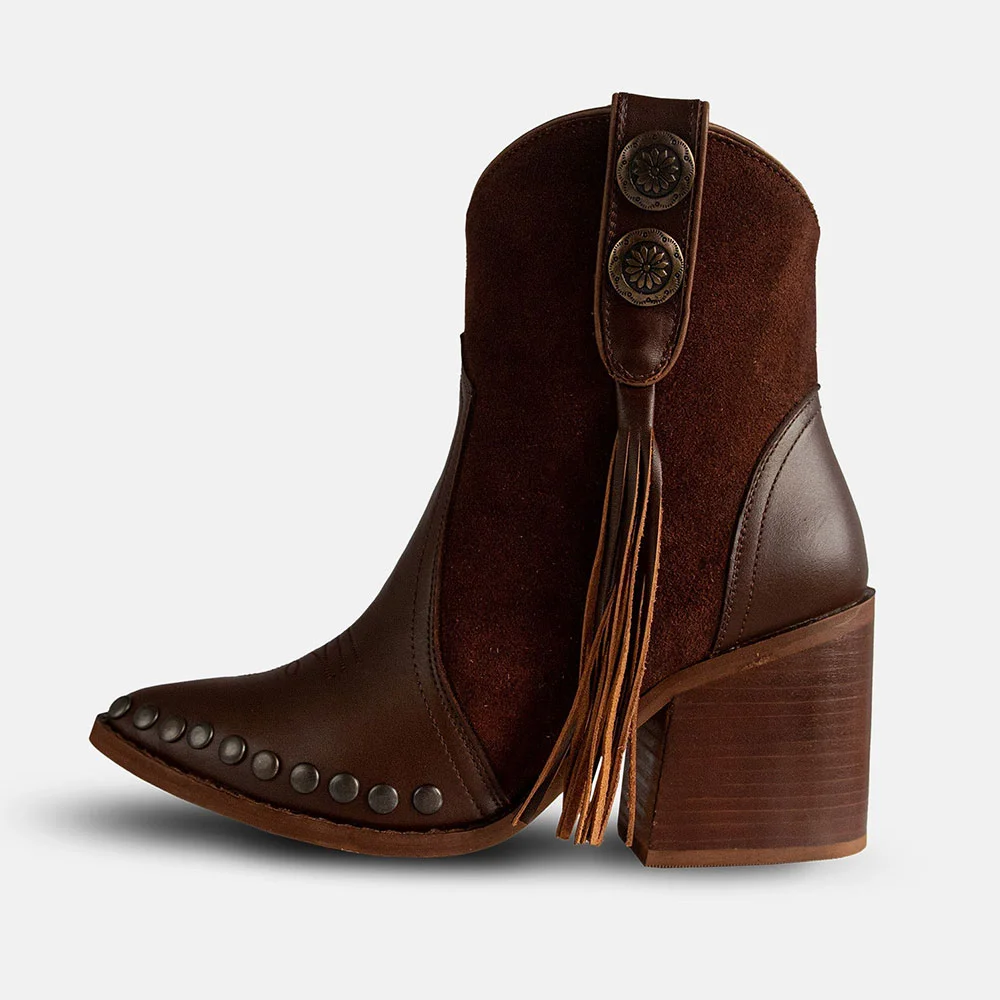 Studded Pointed Toe Button Fringe Ankle Brown Cowboy Boots for Women