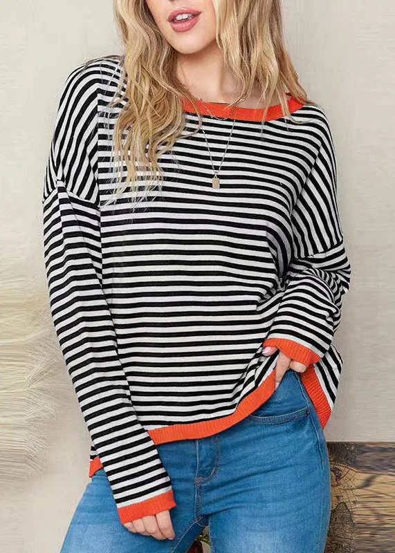 Boutique O Neck Striped Patchwork Knit Tops Long Sleeve