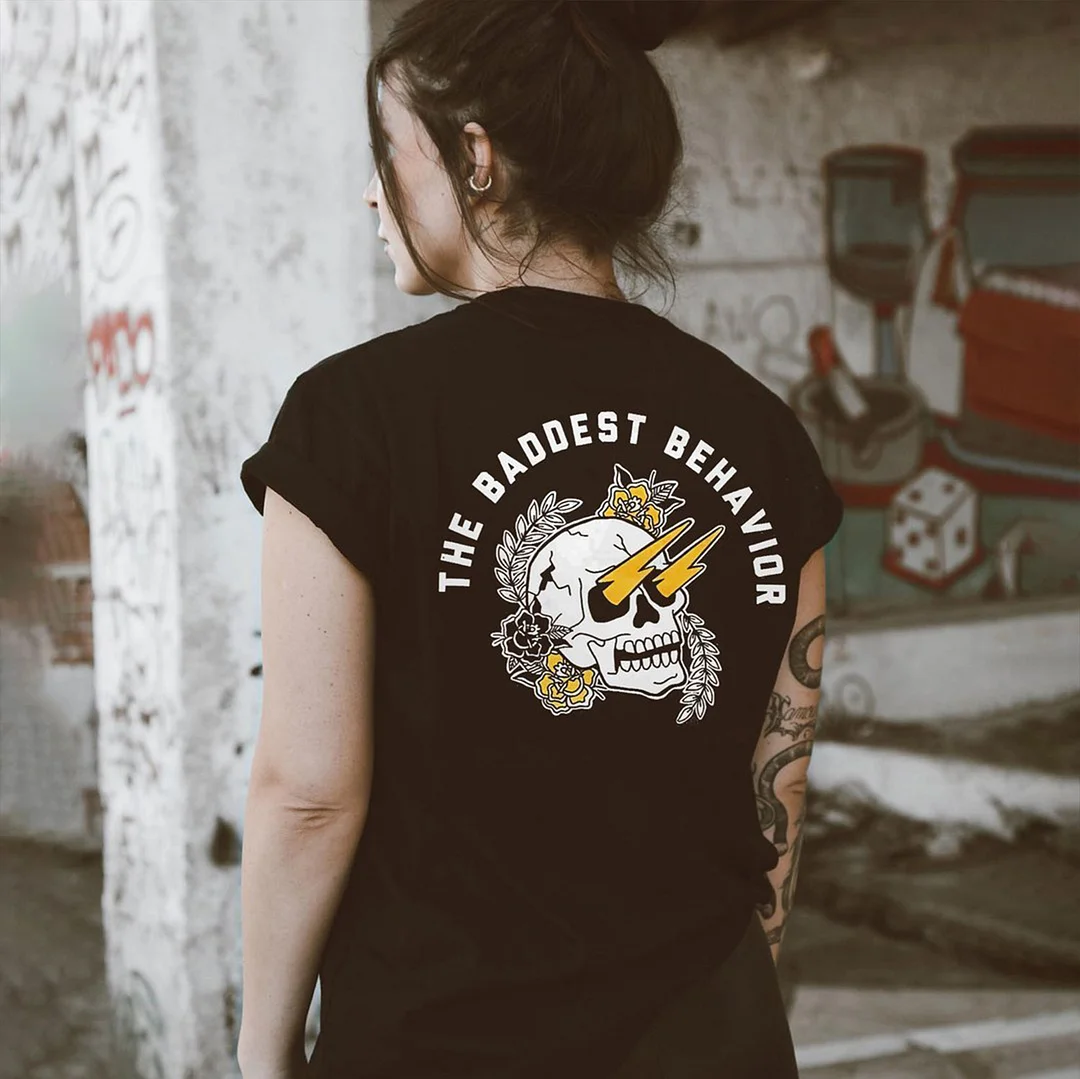 THE BADDEST BEHAVIOR Skull Letter  Black Print T-shirt