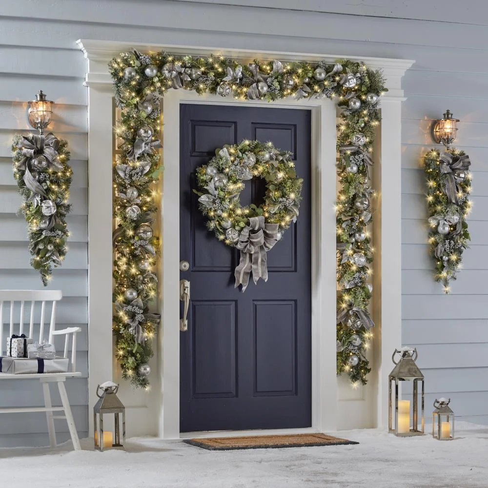 New Christmas LED bow silver wreath curtain wall hanging