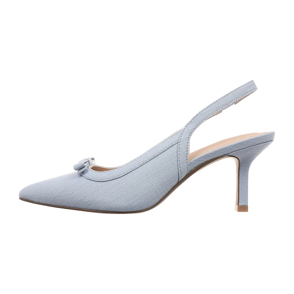 Light Blue Fabric Pointed Toe Bow Slingback Pumps Heels for Women