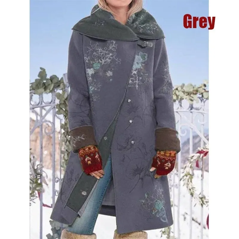 Fashion Warm Wool Vintage Print Hooded Lapel Fleece Casual Coats