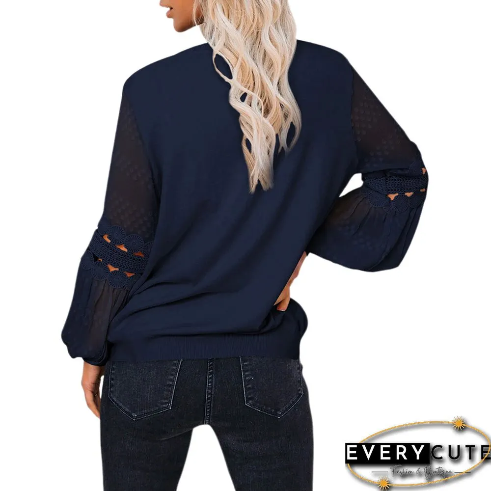 Navy Blue Splicing Hollow-out Lantern Sleeve Tops