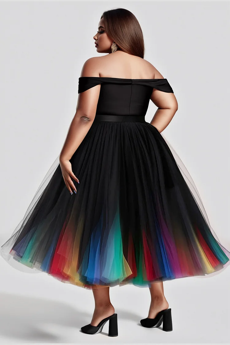 Xpluswear Design Plus Size Cocktail Party Black Gradient Off The Shoulder Tulle Midi Dresses [Pre-Order]