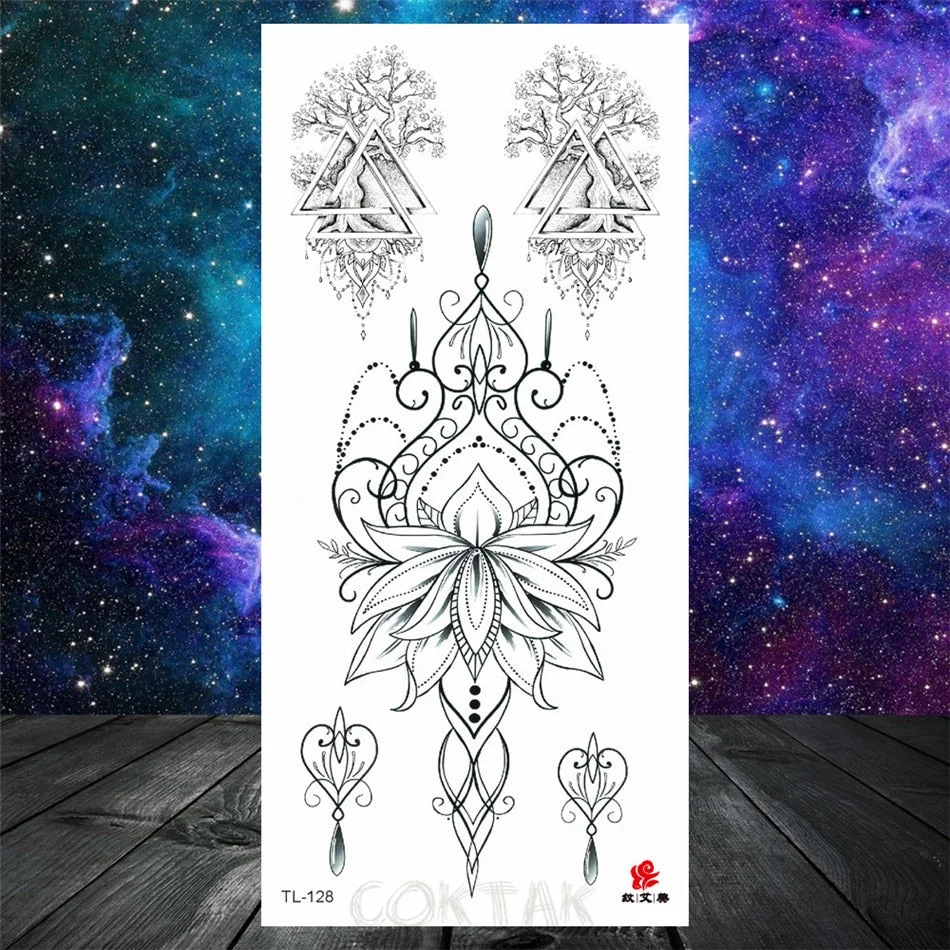 Owl Moth Jewelry Temporary Tattoo For Women Men Mandala Henna Flower Tattoo Mehndi Fake Pendants Geometric Tatoo Chest Back Lace