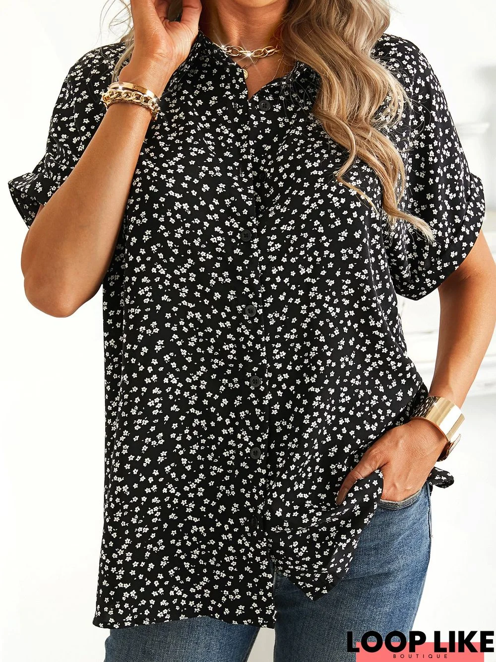 Cotton Shirt Collar Floral Casual T-shirt