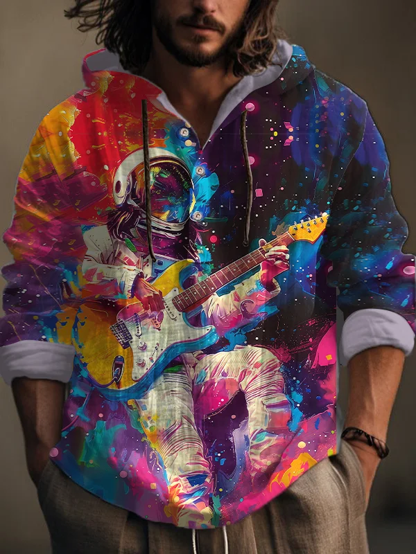 Men's Space Astronaut Plays Guitar Fluid Art Print Hooded Shirt