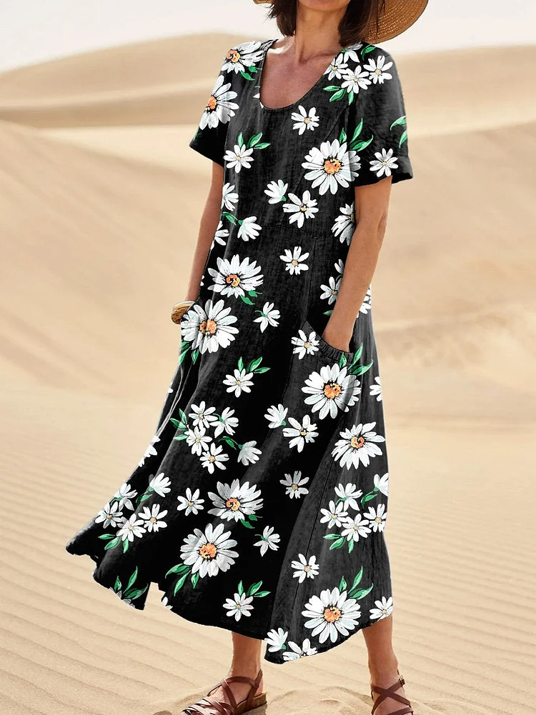 Spring Daisy Seamless Repeat Pattern Printed Women's Linen Pocket Dress
