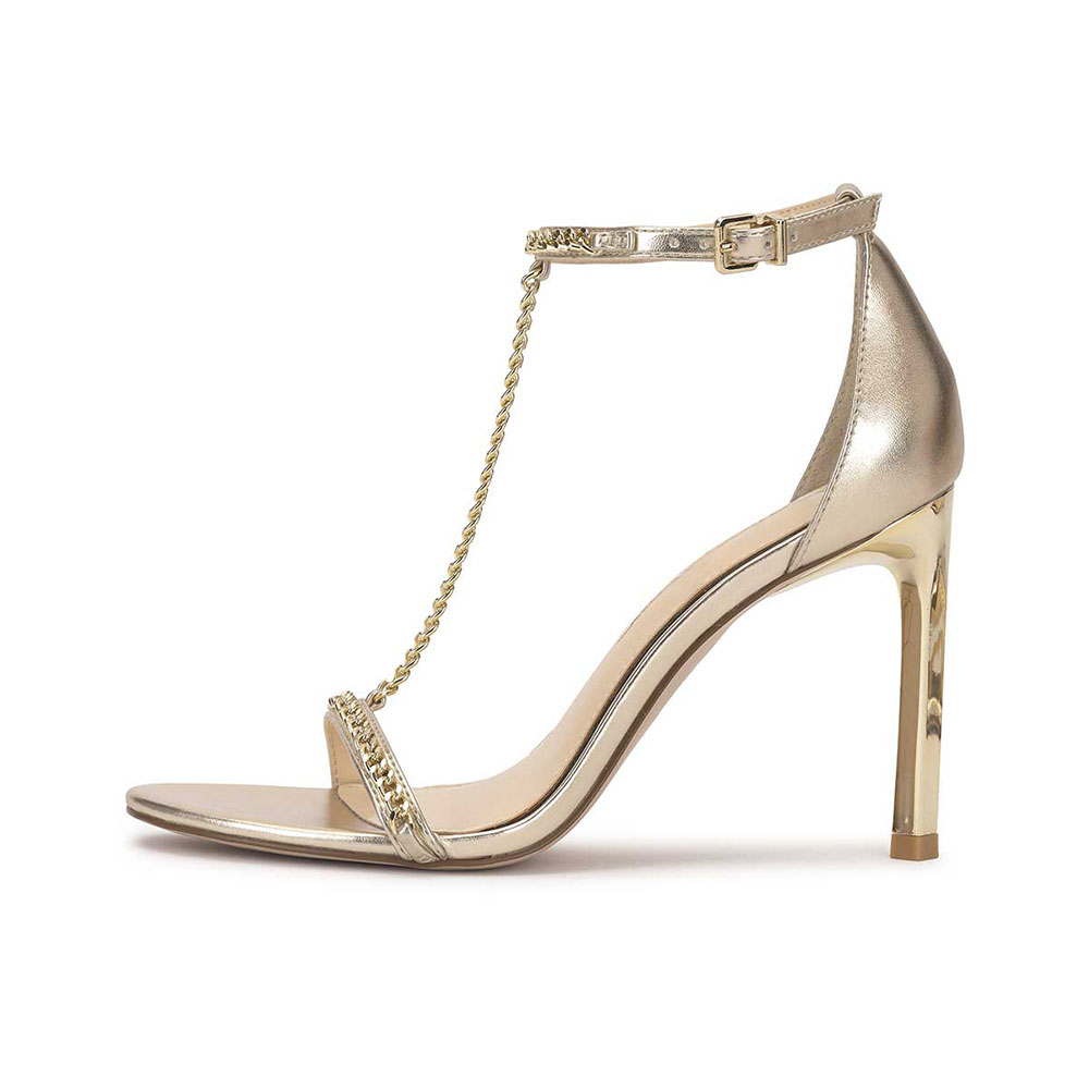 Champagne Metallic Open Toe Stiletto Heel Chain T-Strap Sandals Nicepairs