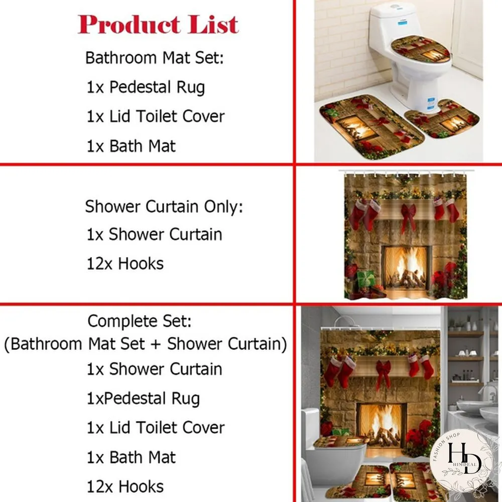 Watershed Christmas Shower Curtains Bath Mat Set Xmas Eve Fireplace Gifts Red Socks