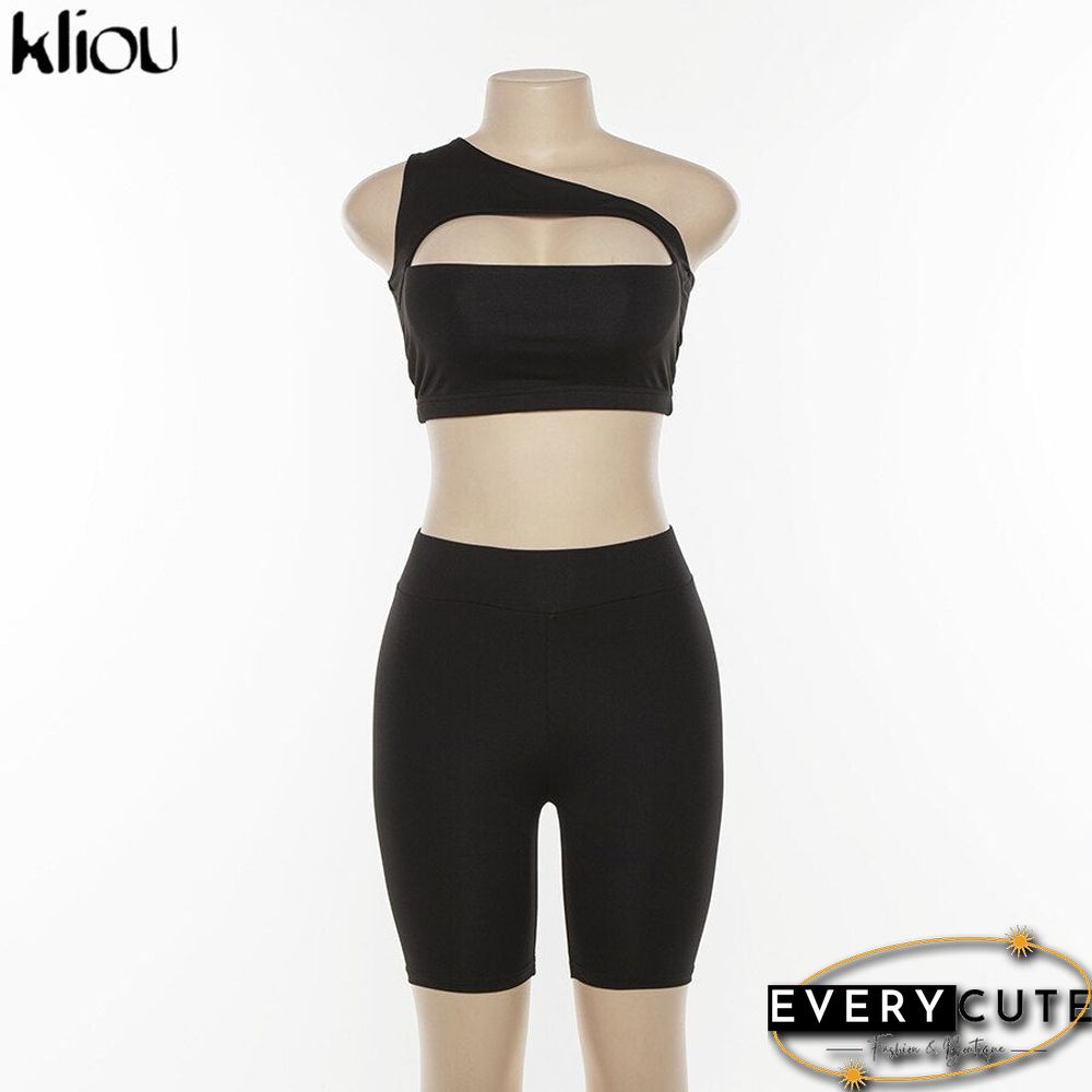 Kliou Classic Women Neon Color Two Pieces Set Off Shoulder Hollow Out Crop Top Elastic