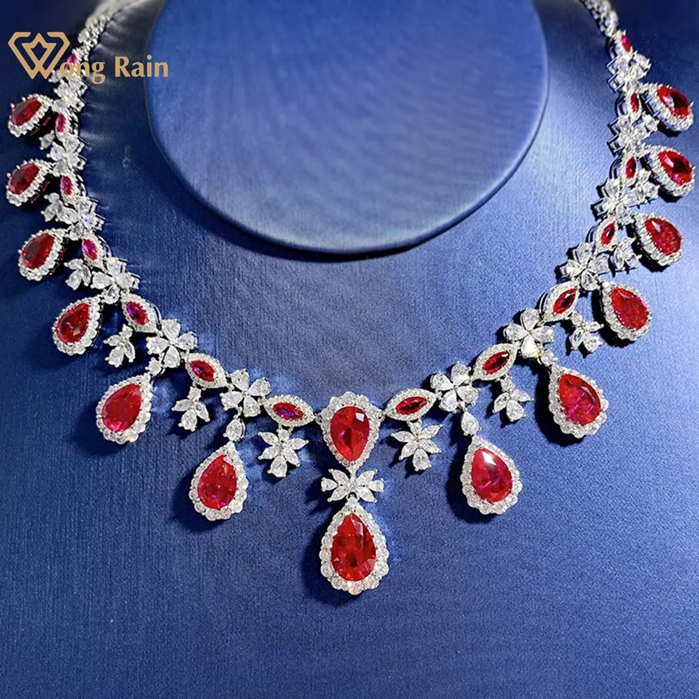 Bohemia 925 Sterling Silver Pear Ruby Created Moissanite Gemstone Anniversary Pendant Necklace For Women Fine Jewelry