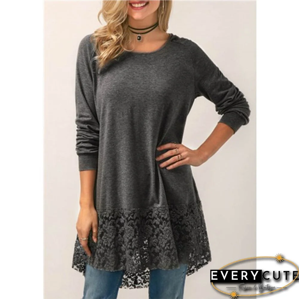 Women Fashion Solid Color Hoodies Long Sleeved T-shirt Autumn Lace Hooded Sweater Plus Size