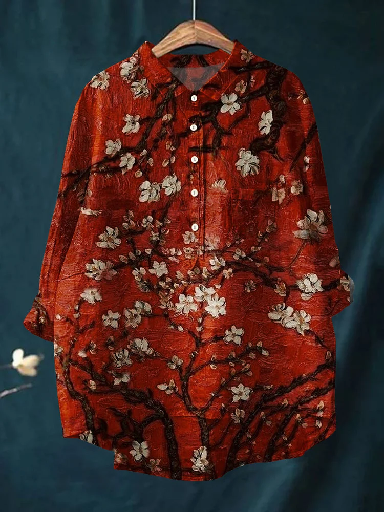 Women's Floral Art Print Casual Cotton and Linen Top