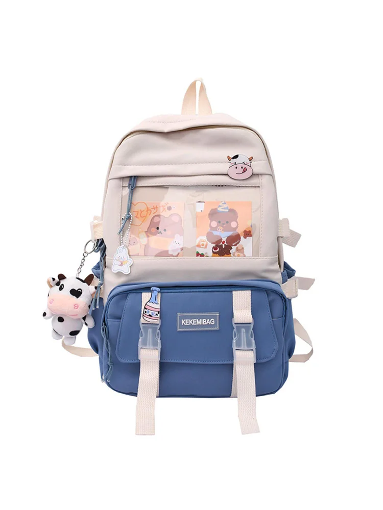 Women Cute Hit Color Backpack Student Canvas Knapsack with Pendant (Blue)