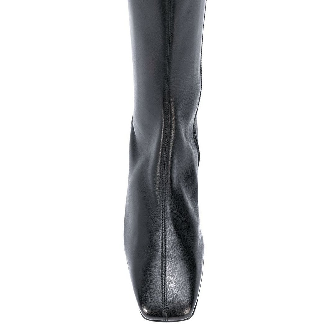 Black Vegan Leather Square Toe Block Heel Knee High Boots for Women