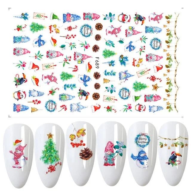 Merry Christmas 3D Nails Sticker Winter Cute Cartoon Sliders Snowflake Elk Xmas Tree Decal UV Gel Polisn Manicures Foils Decor-Nail Inspo