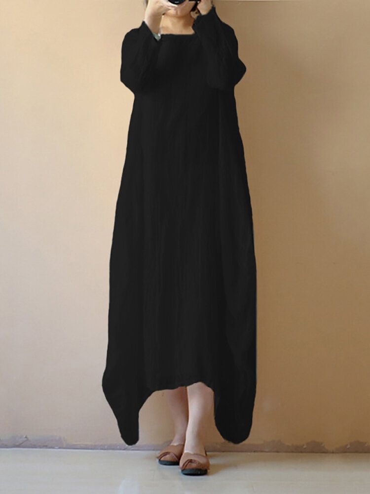 Vintage Asymmetrical Pure Color Long Sleeve Maxi Dresses - BlackFridayBuys
