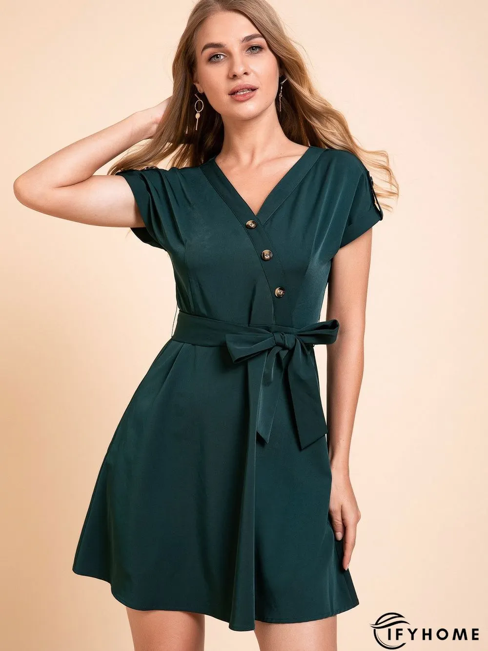 Green Tc V Neck Casual Plain Weaving Dress | IFYHOME