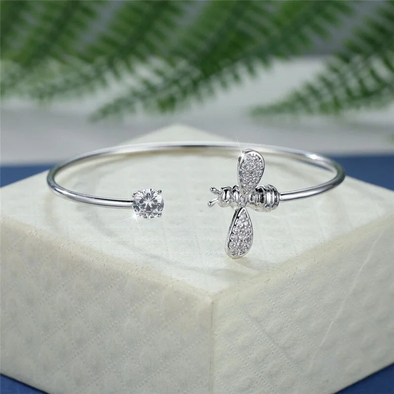 Simple Female White Zircon Bracelet Cute Silver Color Adjustable Bracelets For Women Charm Crystal Animal Bee Chain Bracelet