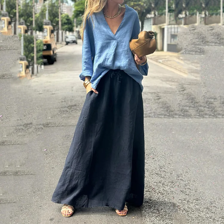 Utbros Women's Fashion Casual Cotton And Linen Shirt And Skirt Two-piece Set