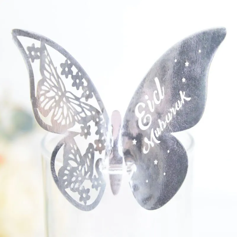 20pcs Eid Mubarak Hollow Butterfly Cup Cards Paper Name Place Seats Card Muslim Islamic Party Dessert Cake Decor Ramadan Kareem