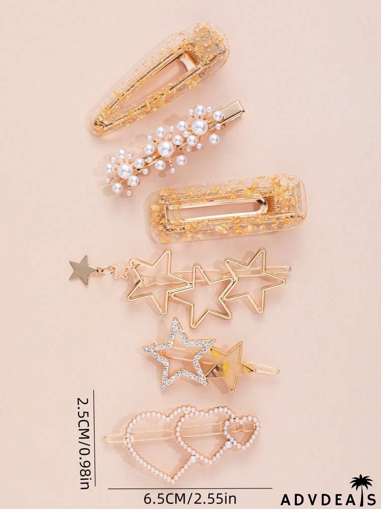 6pcs Faux Pearl Heart Decor Hair Clip