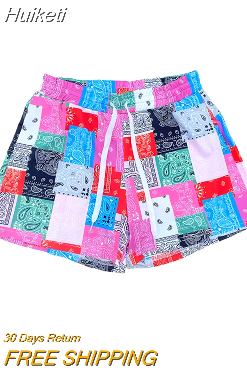 Huiketi Bandana Midi Waist Patchwork Short Pants Women Fashion Print Shorts Summer Beach Loose Drawstring Waist Shorts Casual