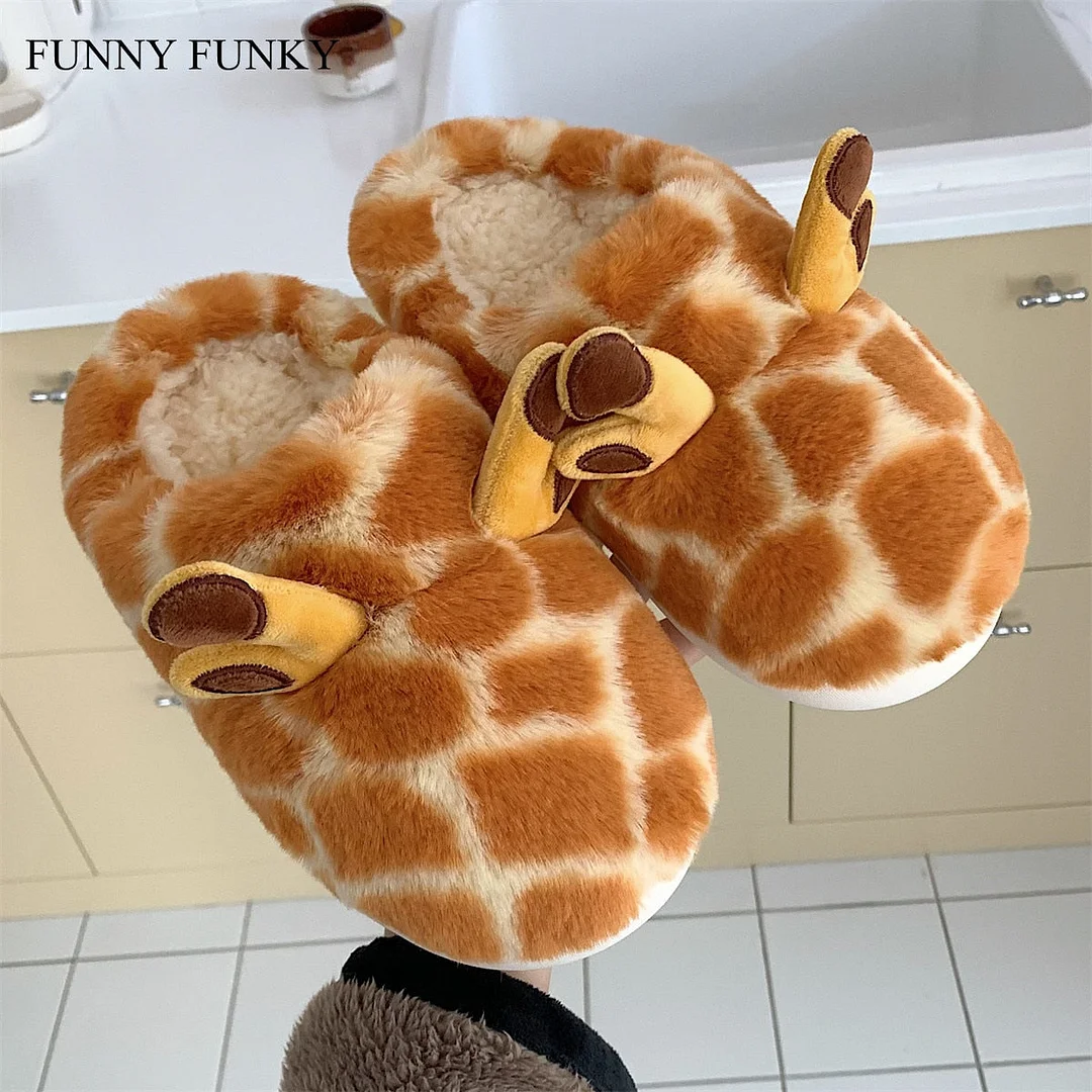 Funny Funky 2021 Womens' Slippers Fluffy Faux Fur Cartoon Giraffe Animal Slippers Antiskid Soft Plush Flats Woman Shoes