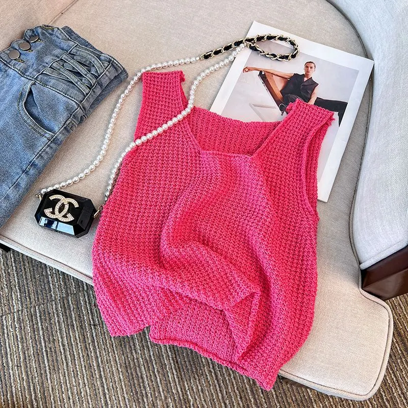 Uveng Uveng With Comfortable Barbieins Wearing Knitted Short Sleeveless New Temperament Slings Sweet Spicy Vest Top