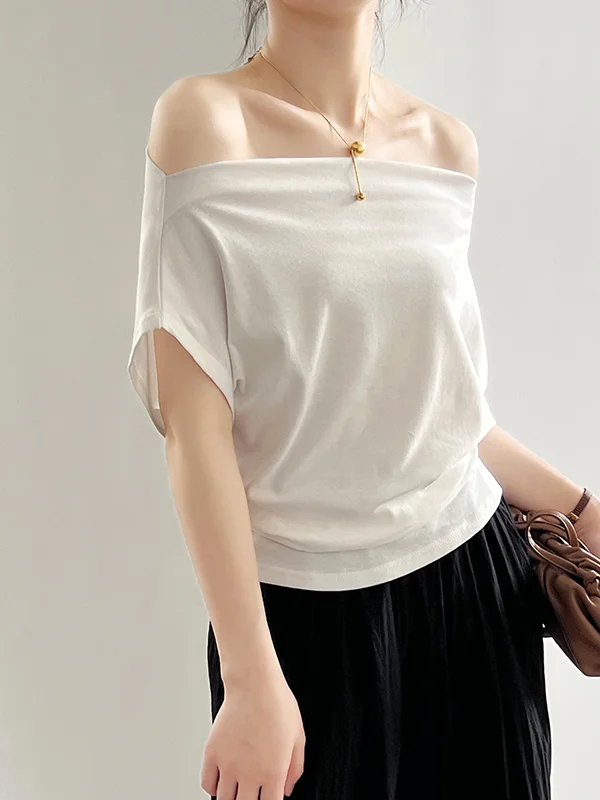 Roomy Short Sleeves Pleated Pure Color Off-The-Shoulder T-Shirts
